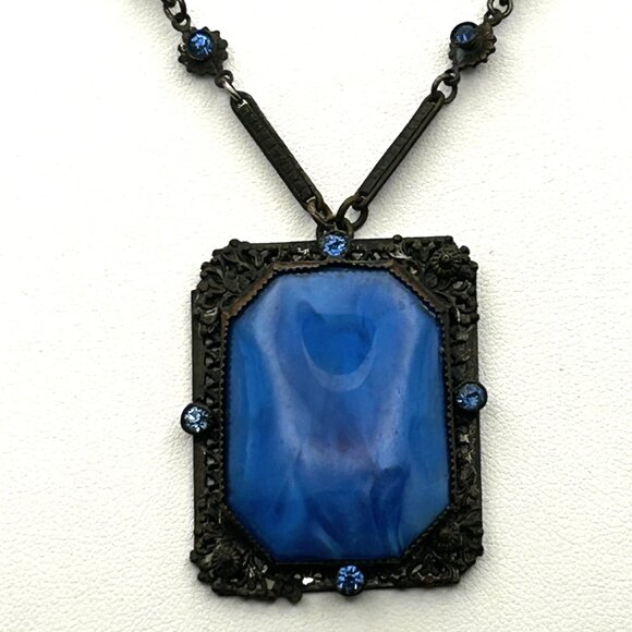 Vintage 1920s Czech Art Deco Blue Glass Necklace Filigree Bar Link Chain 18” - Picture 11 of 16